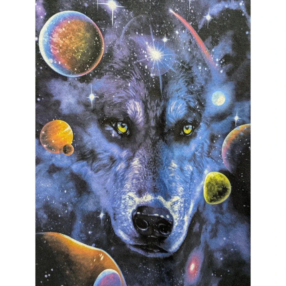 DOM Galaxy Wolf T-shirt Men XL Black Galaxy Planets Space Celestial Animal‎ Y2K